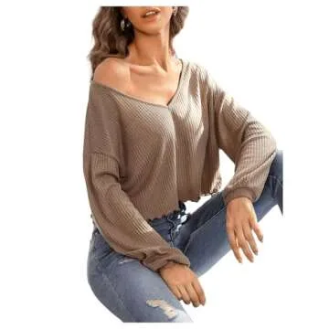 SweatyRocks Women's Long Sleeve Tee Shirt V Neck Ribbed Knit Lettuce Trim Crop Top Mocha Brown M
