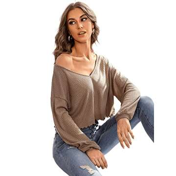 SweatyRocks Women's Long Sleeve Tee Shirt V Neck Ribbed Knit Lettuce Trim Crop Top Mocha Brown M