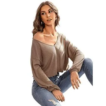 SweatyRocks Women's Long Sleeve Tee Shirt V Neck Ribbed Knit Lettuce Trim Crop Top Mocha Brown M