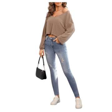 SweatyRocks Women's Long Sleeve Tee Shirt V Neck Ribbed Knit Lettuce Trim Crop Top Mocha Brown M