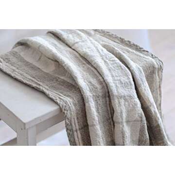Natural Flax Linen Throw Blanket and 100% Linen Bag for Plaid-Natural Flax Linen Home Outdoor Blanket-Grey Beige
