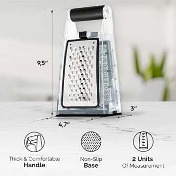 Joined Cheese Grater with Container - Box Grater Cheese Shredder Lemon Zester - Cheese Grater with Handle - Graters for Kitchen Stainless Steel Food Grater - Garlic Mincer Tool and Vegetable Peeler