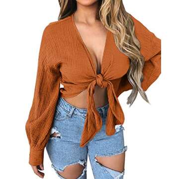 CLOZOZ Sexy Tops for Women Tie Front Crop Top Long Sleeve Crop Tops for Women Deep V Neck Wrap Top Going Out Tops for Women Caramel