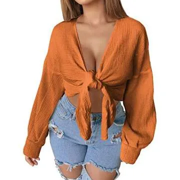 CLOZOZ Sexy Tops for Women Tie Front Crop Top Long Sleeve Crop Tops for Women Deep V Neck Wrap Top Going Out Tops for Women Caramel