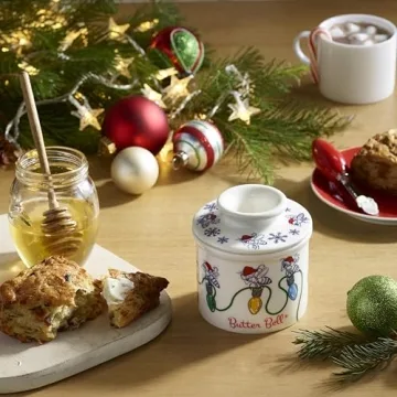 Butter Bell - The Original Butter Bell crock by L Tremain, a Countertop French Ceramic Butter Dish Keeper with Lid for Spreadable Butter, Farmhouse Collection (Honey Bee Christmas Pattern)