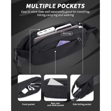 Fanny Pack for Mens Crossbody Bag, Sling Bag for Women Anti Theft Waist Packs with Adjustable Strap Casual Daypack for Running Sports Hiking Cycling Travel Walking - Black