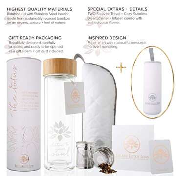 Sacred Lotus Love Double-Walled Glass Tea Tumbler with Infuser and Strainer 15oz - Perfect for Loose Leaf Tea, Cold or Hot Water Bottle, Fruit Drinks - Comes with Travel Sleeve and Cozy