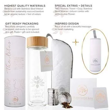 Sacred Lotus Love Double-Walled Glass Tea Tumbler with Infuser and Strainer 15oz - Perfect for Loose Leaf Tea, Cold or Hot Water Bottle, Fruit Drinks - Comes with Travel Sleeve and Cozy