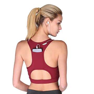 Women High Impact Sports Bra Phone Pocket Running Bra Seamless Wirefree Workout Top Vest Activewear (Wine red, S)