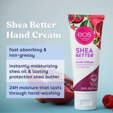 eos Shea Better Hand Cream - Pomegranate Raspberry, Natural Butter Lotion and Skin Care, 24 Hour Hydration with Shea Butter & Oil, 2.5 oz