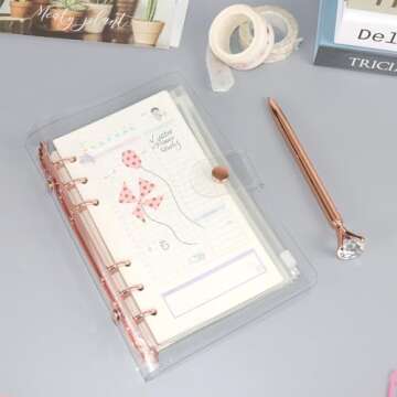 Clear A6 Binder Cover Rose Gold 6 Rings Budget Binders Loose Leaf Folders Refillable Soft Notebook Shell Protector Binding Accessories Supplies (Rose Gold A6 Binder)