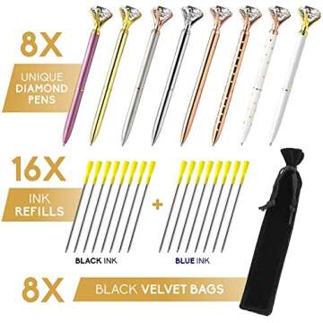 Set of 8 PCS Big Diamond Pens - 16 Ink Pen Refills (Blue & Black) 8 Velvet Gift Bags for Women Girls Coworkers Novelty Cool Cute Fancy Nice Jewel Pen Diamond Ballpoint Pen Gold Rose Gold Silver Purple