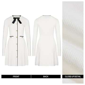 URBAN REVIVO Women's Sweater Dress Long Sleeve Knit Button Down Dress Bow Tie Crew Neck Mini A-Line Dresses Fall Winter White, Small