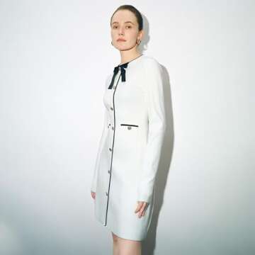 URBAN REVIVO Women's Sweater Dress Long Sleeve Knit Button Down Dress Bow Tie Crew Neck Mini A-Line Dresses Fall Winter White, Small