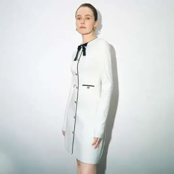 URBAN REVIVO Women's Sweater Dress Long Sleeve Knit Button Down Dress Bow Tie Crew Neck Mini A-Line Dresses Fall Winter White, Small