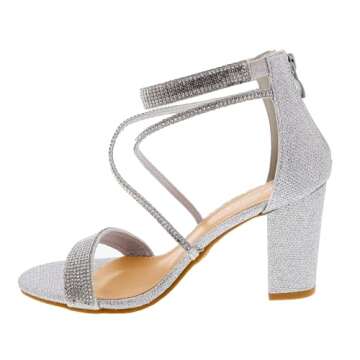 TOP Moda Rosa-66 Ankle Strap Dressy High Heel Sandal, Non-slip Sole, For Wedding, Party, Prom, Evening Wear, or Any Occasion, Sleek Style Block Heel Sandals, Silver Glitter, 6.5