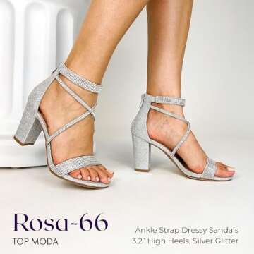 TOP Moda Rosa-66 Ankle Strap Dressy High Heel Sandal, Non-slip Sole, For Wedding, Party, Prom, Evening Wear, or Any Occasion, Sleek Style Block Heel Sandals, Silver Glitter, 6.5