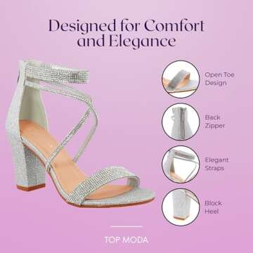 TOP Moda Rosa-66 Ankle Strap Dressy High Heel Sandal, Non-slip Sole, For Wedding, Party, Prom, Evening Wear, or Any Occasion, Sleek Style Block Heel Sandals, Silver Glitter, 6.5