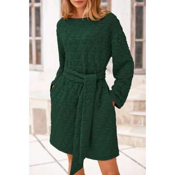 PRETTYGARDEN Women's Long Sleeve Dresses Spring Fall Casual Short Belted Dress Trendy Quilted Outfits with Pockets (Dark Green,X-Small)
