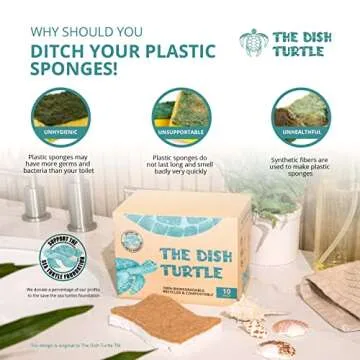 The Dish Turtle 10 Pack Biodegradable Dish Sponges and 100% Compostable; Natural Materials, Silicone, Stink Resistant, Quick Drying, Multiuse, Recyclable