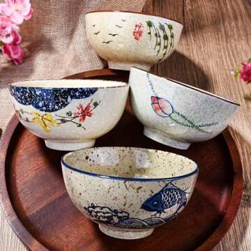 Elegant Whitenesser Japanese Ceramic Rice & Sushi Bowls Set – 4 Hand-Painted Bowls