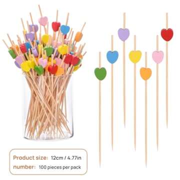 JtmyAota 100 Pack Fruit Toothpicks, Heart-Shaped Bamboo Cocktail Picks, Natural Bamboo Toothpicks fo...