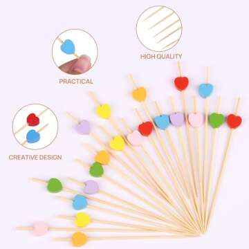 JtmyAota 100 Pack Fruit Toothpicks, Heart-Shaped Bamboo Cocktail Picks, Natural Bamboo Toothpicks for Appetizers Fruit Cake Dessert Barbecue Snacks Sandwiches (Pink)