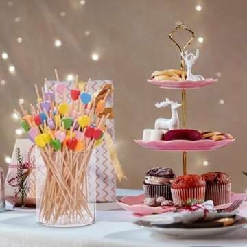 JtmyAota 100 Pack Fruit Toothpicks, Heart-Shaped Bamboo Cocktail Picks, Natural Bamboo Toothpicks for Appetizers Fruit Cake Dessert Barbecue Snacks Sandwiches (Pink)