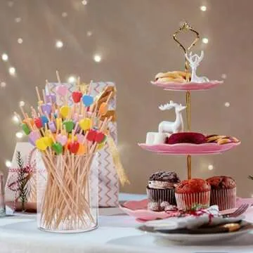 JtmyAota 100 Pack Fruit Toothpicks, Heart-Shaped Bamboo Cocktail Picks, Natural Bamboo Toothpicks for Appetizers Fruit Cake Dessert Barbecue Snacks Sandwiches (Pink)