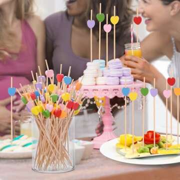 JtmyAota 100 Pack Fruit Toothpicks, Heart-Shaped Bamboo Cocktail Picks, Natural Bamboo Toothpicks for Appetizers Fruit Cake Dessert Barbecue Snacks Sandwiches (Pink)