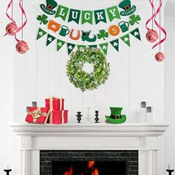 St Patricks Day Decorations Artificial Wreath Lucky Shamrock Clover Leprechaun Hat Beers Spring Summer Party Decor Outdoor/Indoor Farmhouse Front Porch Wall Window Door