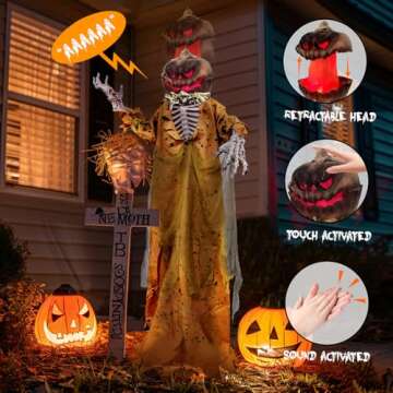 5.9 FT Large Life Size Halloween Pumpkin Animated Decorations Scary Outdoor, Evil Prop with Glowing Light 2024, Sound and Touch Activated Pop-up Motion Creepy Decor Covered Indoor Outdoor Yard Lawn