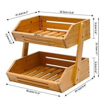 Fruit Basket, 2 Tier Bamboo Fruit Basket for Kitchen, 11" Tall Fruit Stand Storage Holder, Heavy Dut...