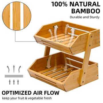 Fruit Basket, 2 Tier Bamboo Fruit Basket for Kitchen, 11" Tall Fruit Stand Storage Holder, Heavy Duty/Multipurpose/Large Capacity for Vegetables, Fruit, and Snack, 15 mm Thickness (Self-assembly)