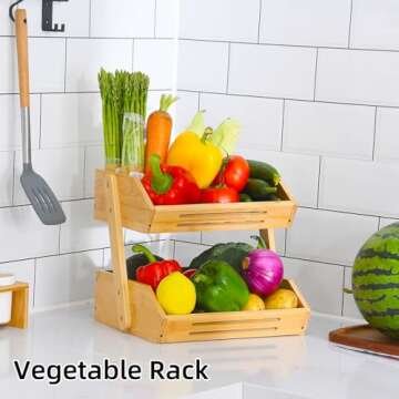 Fruit Basket, 2 Tier Bamboo Fruit Basket for Kitchen, 11" Tall Fruit Stand Storage Holder, Heavy Duty/Multipurpose/Large Capacity for Vegetables, Fruit, and Snack, 15 mm Thickness (Self-assembly)