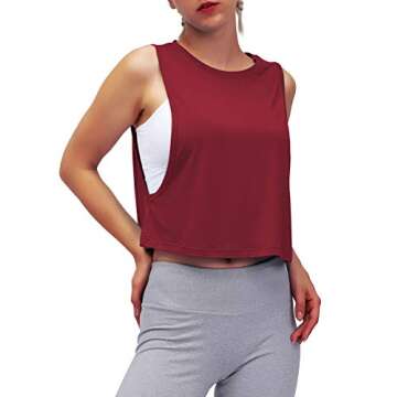 Mippo Cropped Workout Tops for Women Gym Tank Athletic Shirts Mesh Tank Tops Muscle Tees Cute Summer Clothes Wine Red M