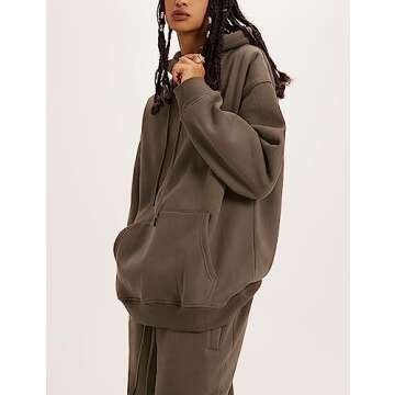 Flygo Womens Fleece 2 Piece Outfits Lounge Hoodie Sweatsuits Sets Oversized Sweatshirt Baggy Sweatpants Set W/Pockets(Coffee-M)