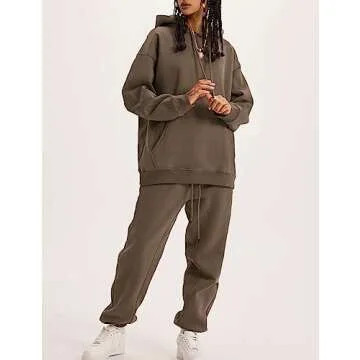 Flygo Womens Fleece 2 Piece Outfits Lounge Hoodie Sweatsuits Sets Oversized Sweatshirt Baggy Sweatpants Set W/Pockets(Coffee-M)