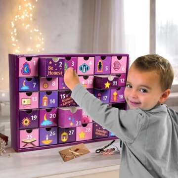 MOVINPE Ramdan Calendar with Drawers 2025 Ramadan Gifts for Kids, 30 Pre-Assembled Empty Boxes Eid Mubarak Coutdown Calendar Fillable Islamic Art Gift Box, Ramadan Party Supplies Purple