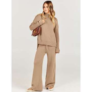 ANRABESS Women's 2 Piece Outfit Sweater Lounge Sets Long Sleeve Knit Pullover Wide Leg Pant Tracksui...