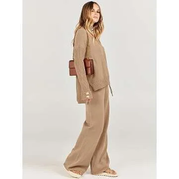 ANRABESS Women's 2 Piece Outfit Sweater Lounge Sets Long Sleeve Knit Pullover Wide Leg Pant Tracksuit Loungewear 2024 Fashion Large