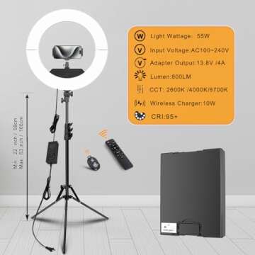 JJ JIANJIN Ring Light Kit:18"/45cm Outer 55W6700k Dimmable LED Light, Tripod Stand, Remote Controller,Box for Camera,Smartphone,YouTube,TikTok,Self-Portrait Shooting,CRI90,Black