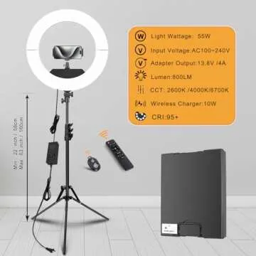 JJ JIANJIN Ring Light Kit:18"/45cm Outer 55W6700k Dimmable LED Light, Tripod Stand, Remote Controller,Box for Camera,Smartphone,YouTube,TikTok,Self-Portrait Shooting,CRI90,Black