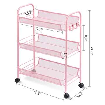 TOOLF 3-Tier Metal Rolling Cart, Mesh Wire Easy Assemble Utility Cart, Storage Trolley on Wheels wit...