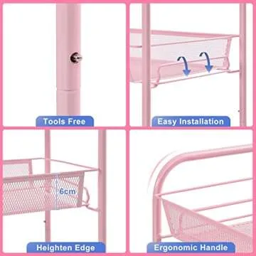 TOOLF 3-Tier Metal Rolling Cart, Mesh Wire Easy Assemble Utility Cart, Storage Trolley on Wheels with 3 Hooks, MetalStorage Shelving Units for Kitchen Bathroom Laundry Room