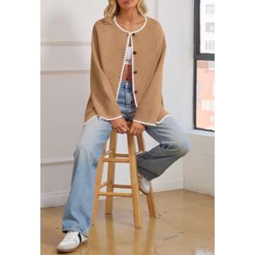 MEROKEETY Women's Oversized Cardigan Sweaters Fall 2024 Open Front Button Up Knit Jackets with Pockets, Camel, Small