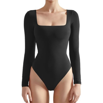 SUUKSESS Women Long Sleeve Bodysuit Sexy Square Neck Thong Body Suit Shirts Top for Fall and Winter ...