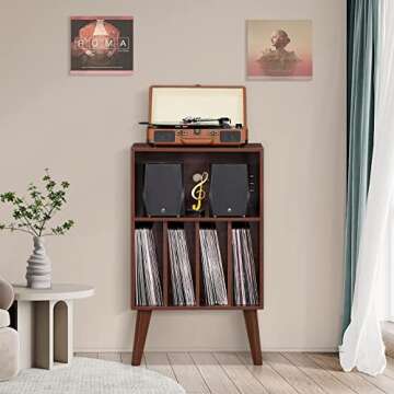 Lerliuo Record Player Stand, Walnut Turntable Stand Holds up to 160 Albums, Mid-Century Vinyl Storage Cabinet Table with Solid Wood Legs, Record Player Holder Dispaly Shelf for Bedroom Living Room