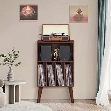 Lerliuo Record Player Stand, Walnut Turntable Stand Holds up to 160 Albums, Mid-Century Vinyl Storage Cabinet Table with Solid Wood Legs, Record Player Holder Dispaly Shelf for Bedroom Living Room