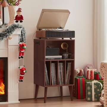 Lerliuo Record Player Stand, Walnut Turntable Stand Holds up to 160 Albums, Mid-Century Vinyl Storage Cabinet Table with Solid Wood Legs, Record Player Holder Dispaly Shelf for Bedroom Living Room